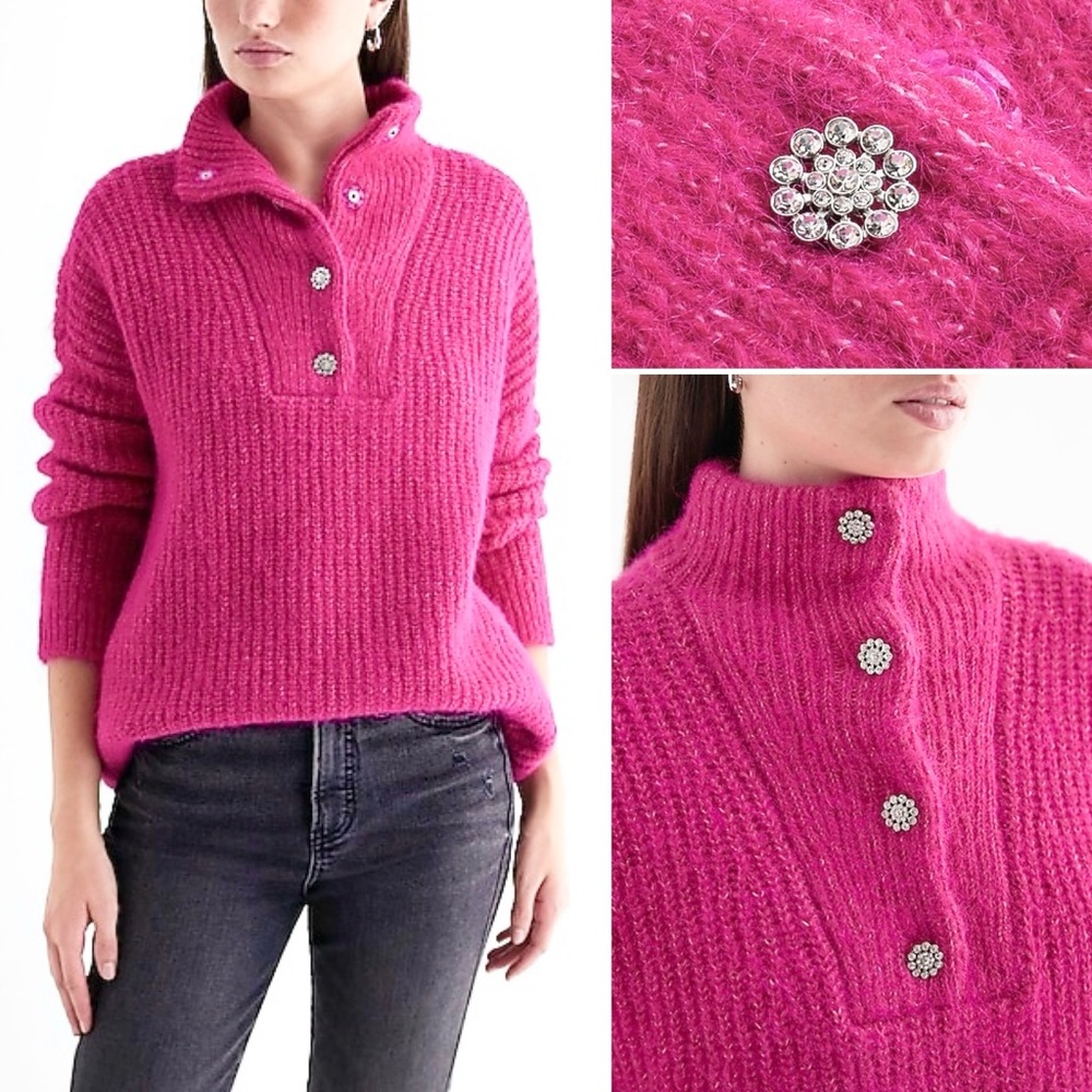 Express Fuzzy Knit Quarter Snap Sweater Embellished Buttons Mock Neck - Picture 5 of 13